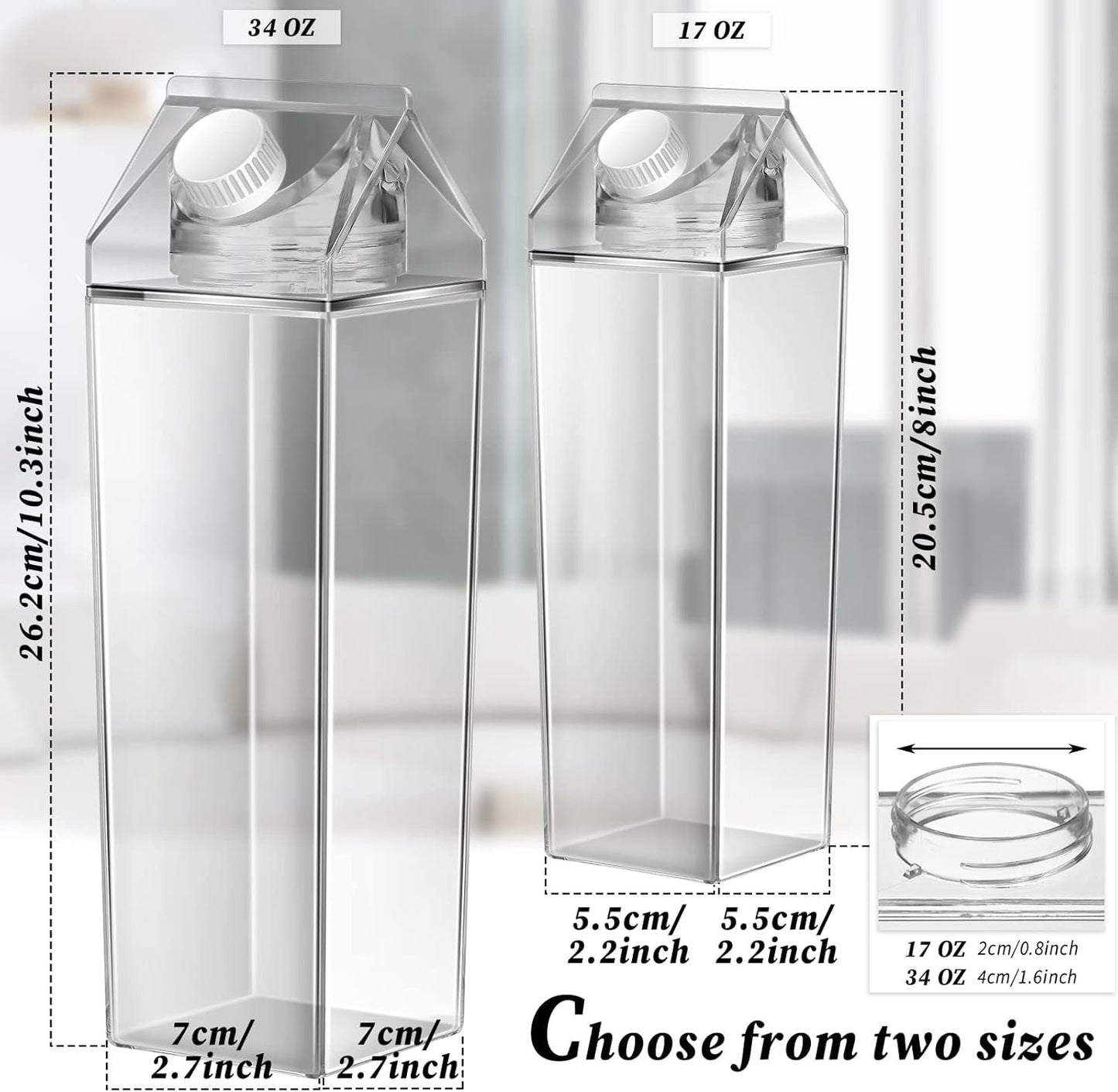12 Pack Milk Carton Water Bottle 17 Oz and 34 Oz Clear Transparent Drinking Cup Reusable Square Portable Water Bottle for Drinks for Fitness Gym Sports
