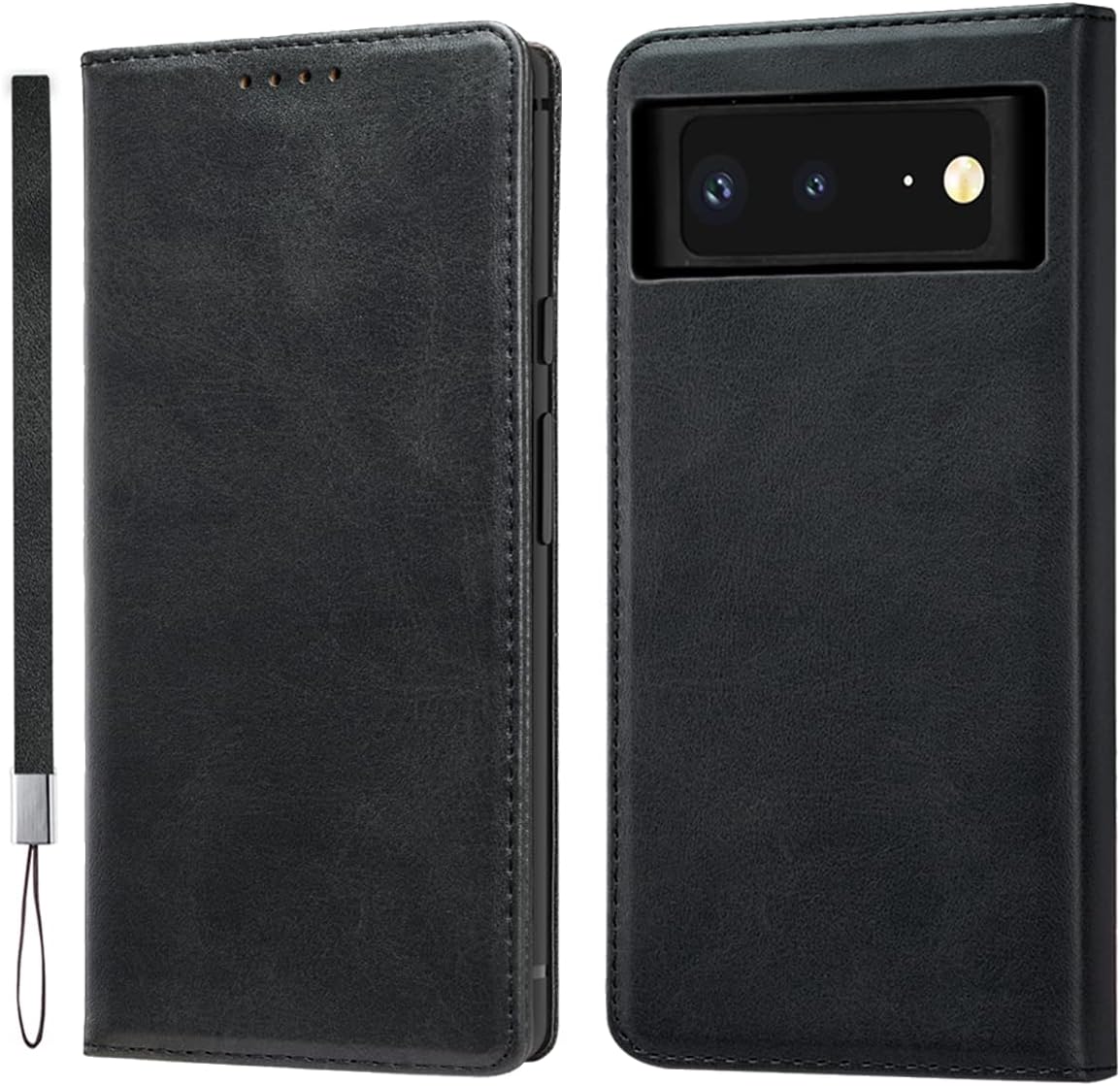 LANJLM Google Pixel 7 Case with Wrist Strap PU Leather Pixel 7 Wallet Case Card Holder Shockproof Google 7 Flip Cover - Black