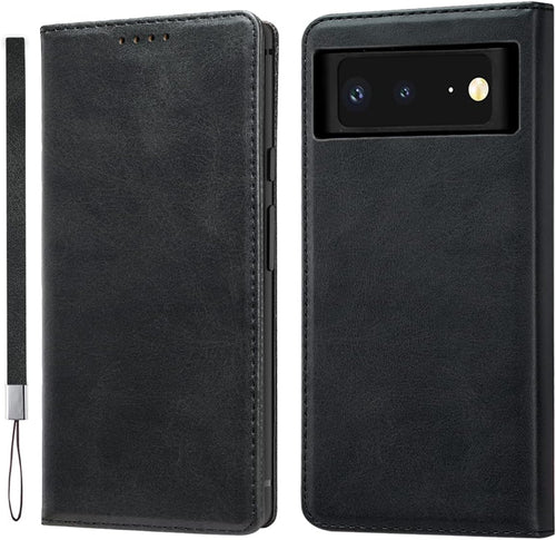 LANJLM Google Pixel 7 Case with Wrist Strap PU Leather Pixel 7 Wallet Case Card Holder Shockproof Google 7 Flip Cover - Black