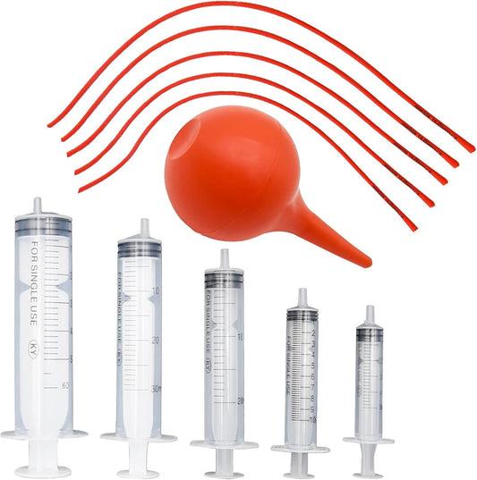MDEOOSKY 10 Pack Tube Feeding Kit, Includes 5 Pack 8 FR Red Feeding Tubes & 5 Pack 5/10/20/30/60 ML Syringes & 1 Bulb Syringe for Lamb Goat Puppy Whelping Kitten Measuring Watering