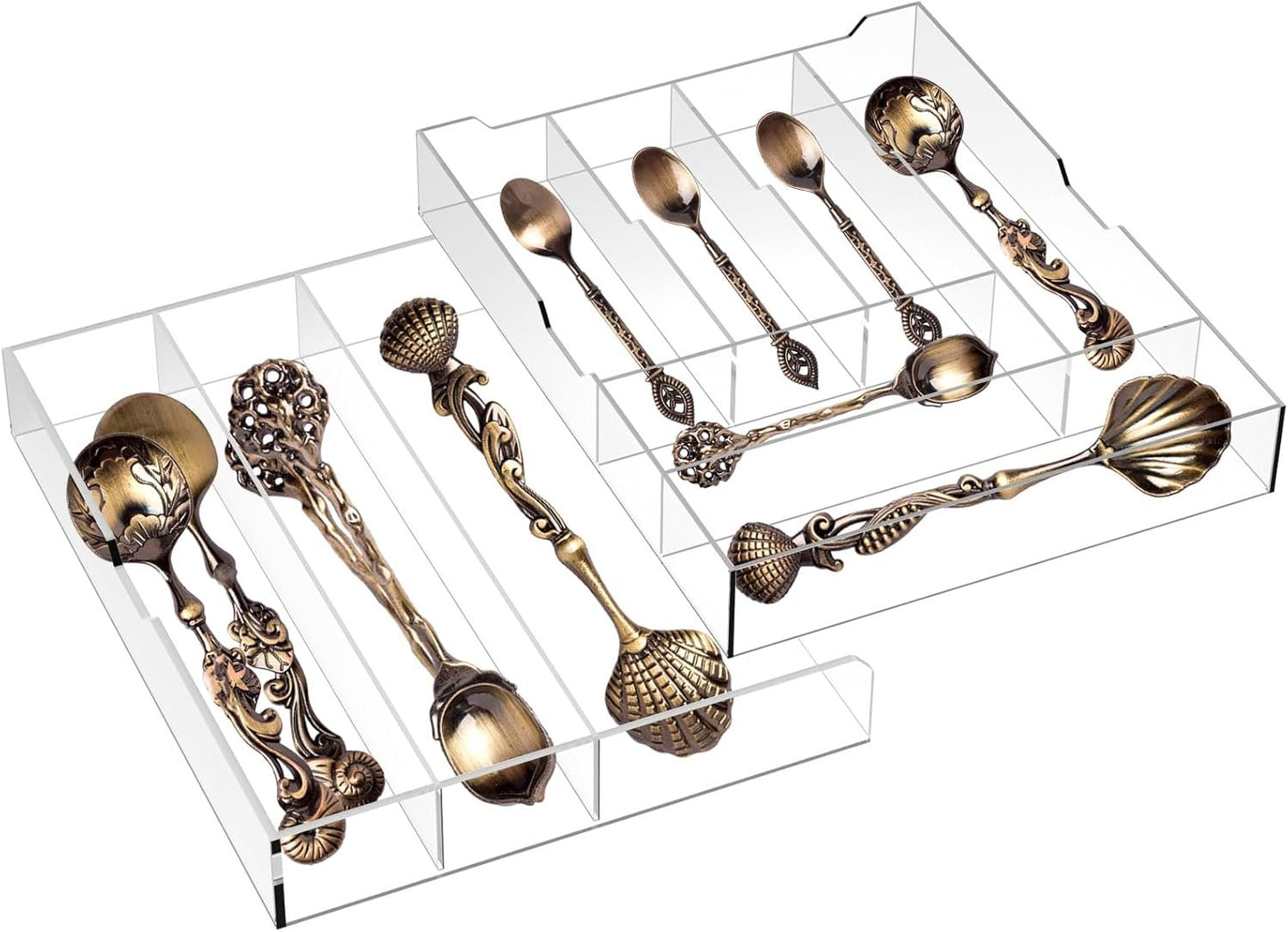 Fasmov Expandable Plastic In-Drawer Utensil Organizer Tray, Acrylic Adjustable Cutlery and Flatware Tray, Silverware Organizer Kitchen Drawer Organizer for Flatware and Utensils -9 Compartments