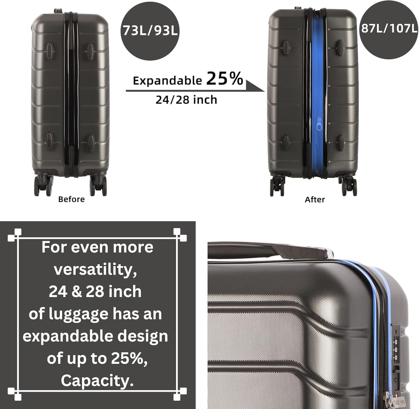 TRACK TRAVEL 4 Piece Luggage Set ABS+PC Expandable Hardshell TSA Lock Aluminum Trolley Spinner Wheels (Dark Grey, 4 Piece Set)