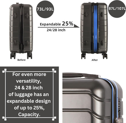TRACK TRAVEL 4 Piece Luggage Set ABS+PC Expandable Hardshell TSA Lock Aluminum Trolley Spinner Wheels (Dark Grey, 4 Piece Set)