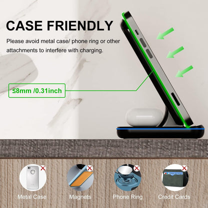 Minthouz 3 in 1 Wireless Charger (18W QC3.0 Adapter Included),15W Fast Wireless Charging Station for Smart Phone/iWatch/TWS Earphones, Compatible with iPhone 15 14 13 12 11 X8 Series, Samsung S22-S21+