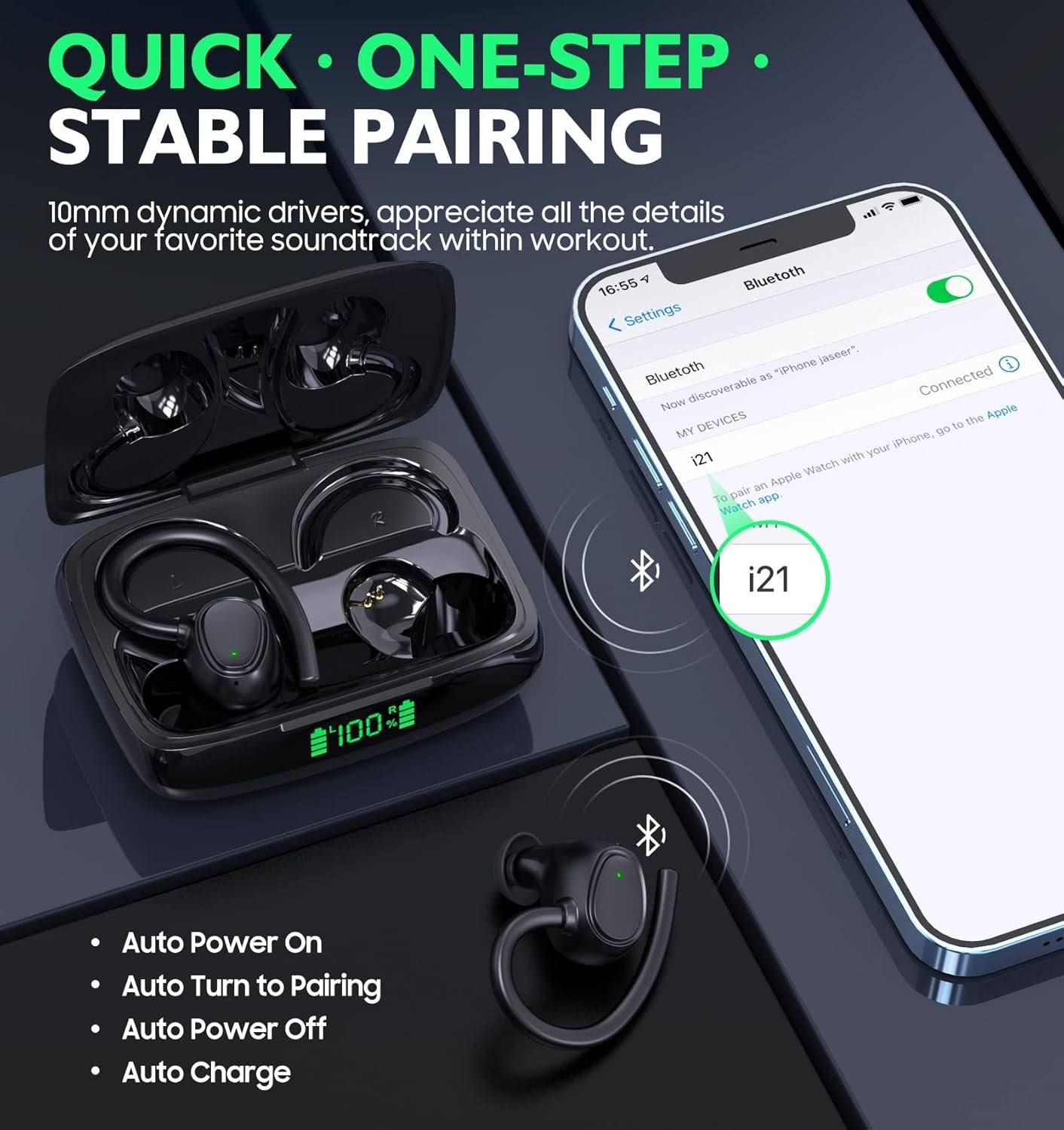 Wireless Earbuds, KORSKR Bluetooth Earbuds Touch Control Ear Buds Hi-Fi Stereo 42H Playtime Bluetooth 5.3 Earphones IPX6 Waterproof Wireless Headphones with Mic Fast Charging Case for Sports - Black
