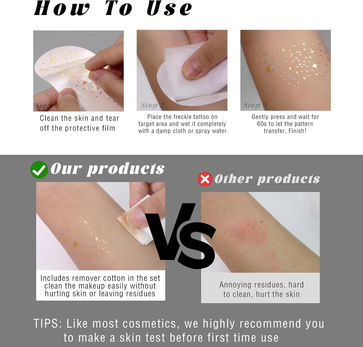 HOSAILY 6 pcs Gold+Rose Red Glitter Freckles Face Tattoo, Sparkle Face Glitter Makeup for Women, 3 pcs Gems Jewels Pearl Half Magic Stickers Fairy Mermaid Makeup for Festival Rave Party Accessories