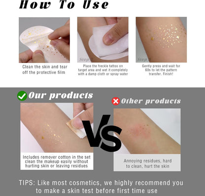HOSAILY 6 pcs Gold+Rose Red Glitter Freckles Face Tattoo, Sparkle Face Glitter Makeup for Women, 3 pcs Gems Jewels Pearl Half Magic Stickers Fairy Mermaid Makeup for Festival Rave Party Accessories