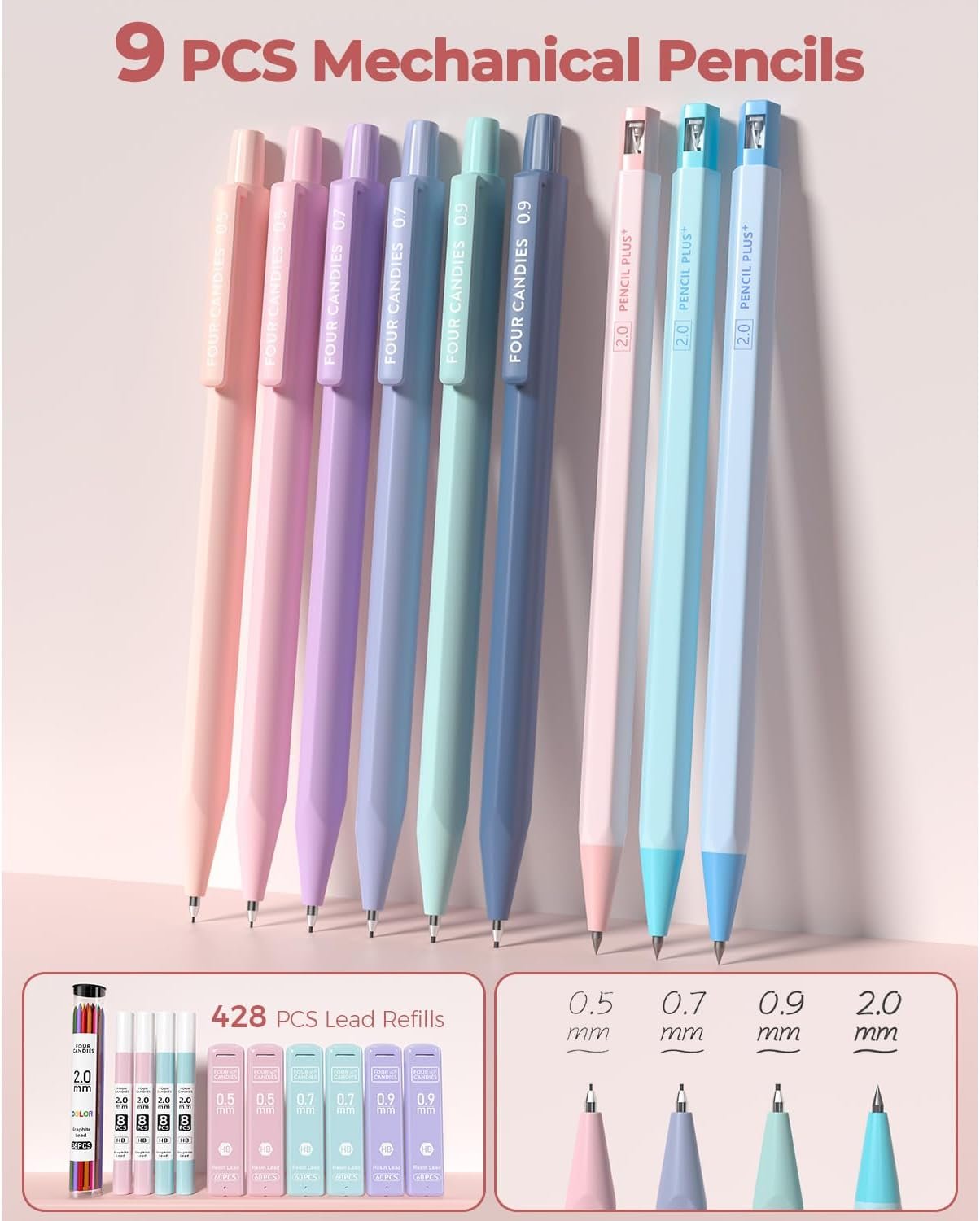 Four Candies 56 PCS Aesthetic School Supplies with Large Pencil Case, 6 Colored Ballpoint Pens, 12 Pastel Highlighters, 5 Black Ink Gel Pens, 9 Mechanical Pencils 0.5-2.0mm Student Essentials (Pink)