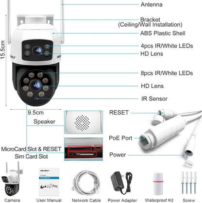 GENBOLT 3G/4G LTE Security Camera Outdoor No WiFi, Dual Lens Cellular CCTV Camera with Sim Card, PoE Surveillance Camera IP with Humanoid Tracking, Cloud Storage