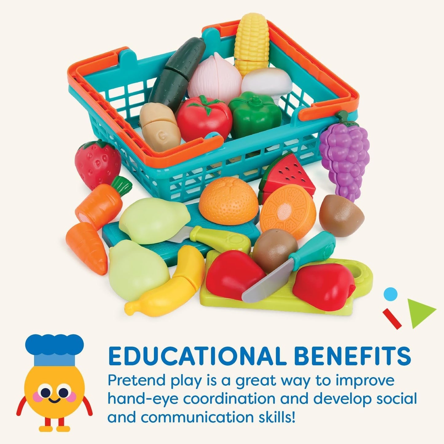 Battat – Farmers Market Basket – Toy Kitchen Accessories – Pretend Cutting Play Food Set for Toddlers 3 Years + (37-Pcs)