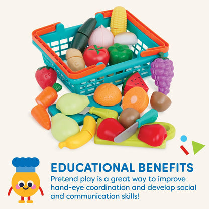 Battat – Farmers Market Basket – Toy Kitchen Accessories – Pretend Cutting Play Food Set for Toddlers 3 Years + (37-Pcs) (BT2534Z)