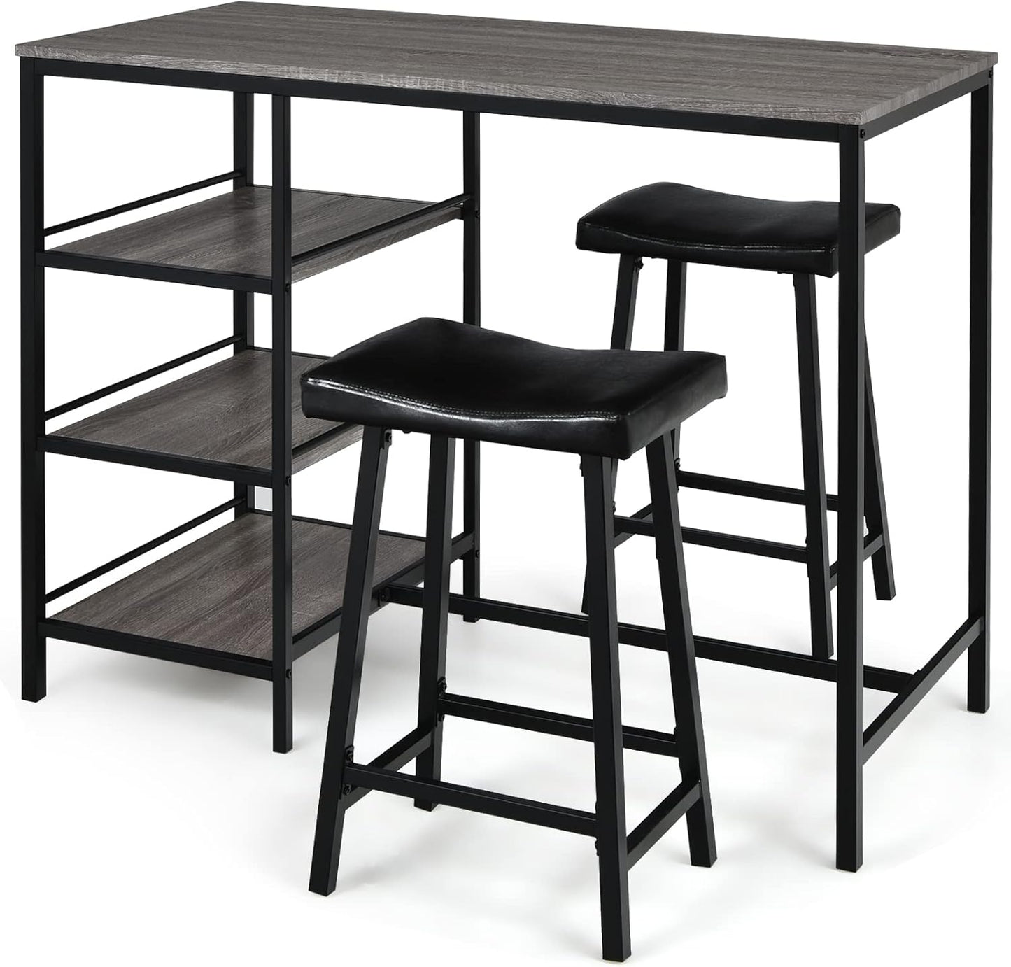 Giantex 3-Piece Dining Table Set, Counter Height Table Set w/2 Bar Stools, Modern Industrial Bar Table Set w/3 Tier Storage Shelves, Iron Frame, Soft Cushion, Perfect for Home, Kitchen, Dining Room