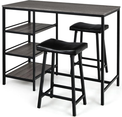 Giantex 3-Piece Dining Table Set, Counter Height Table Set w/2 Bar Stools, Modern Industrial Bar Table Set w/3 Tier Storage Shelves, Iron Frame, Soft Cushion, Perfect for Home, Kitchen, Dining Room