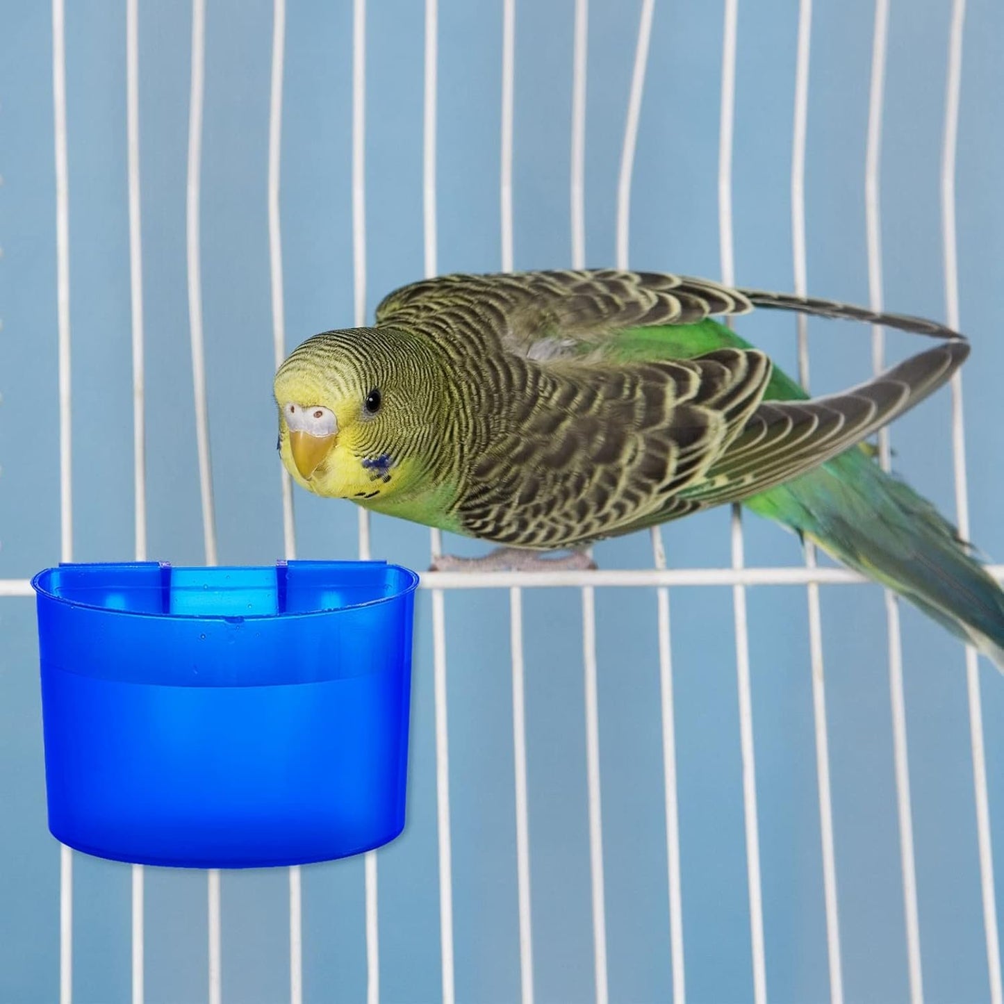 Suclain 30 Pcs Blue Cage Feeders Birds Cage Cups Plastic Hanging Feeding Cups Seed Bowl Chicken Feeding Watering Dish with Hooks for Pet Parrot