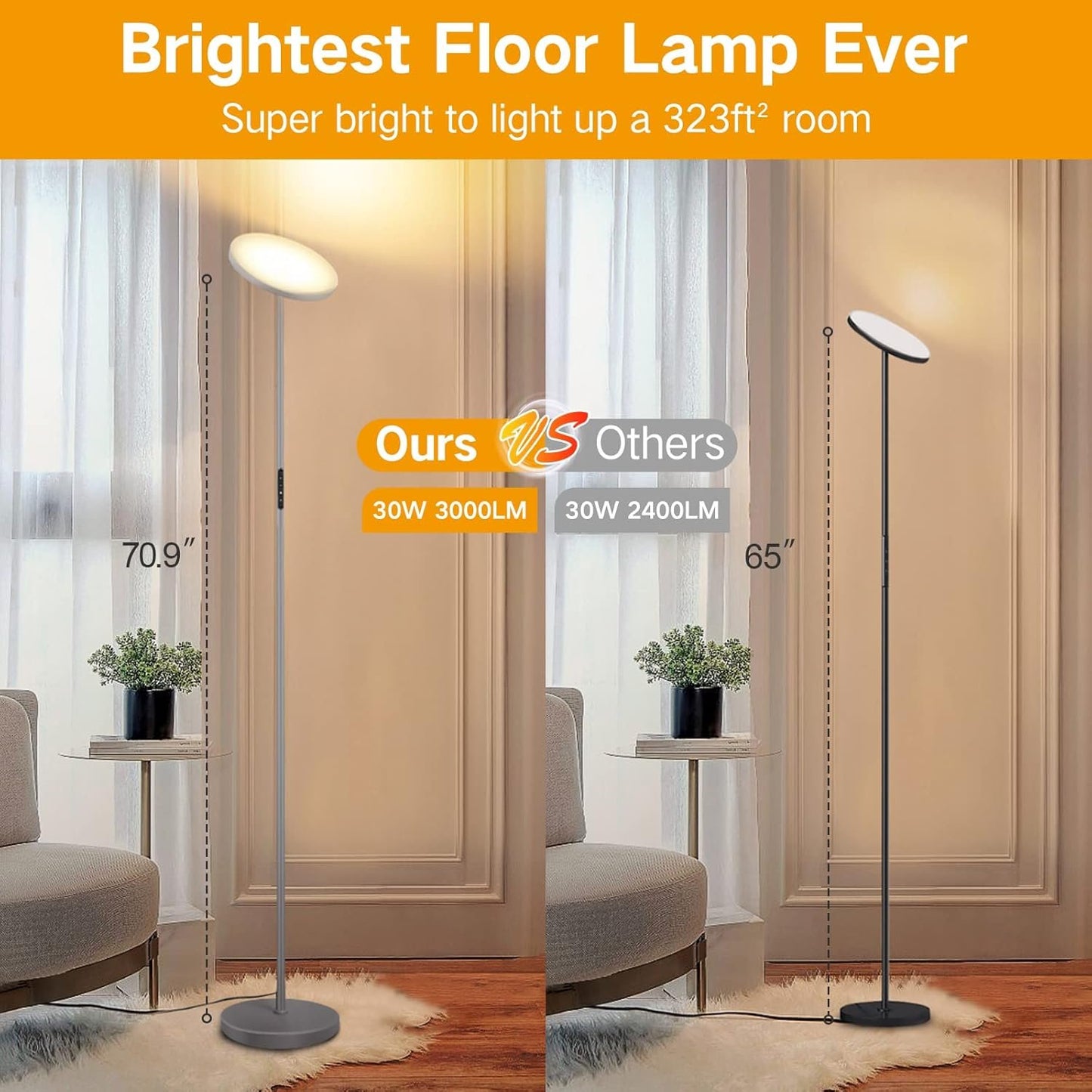 OUTON Floor Lamp Modern, LED Torchiere Lamp 30W 3000LM, Tall Standing Lamp with 4 Color Temperatures, Stepless Dimmable, Remote and Touch Control, 1 Hour Timer for Living Room Bedroom, Silver Grey