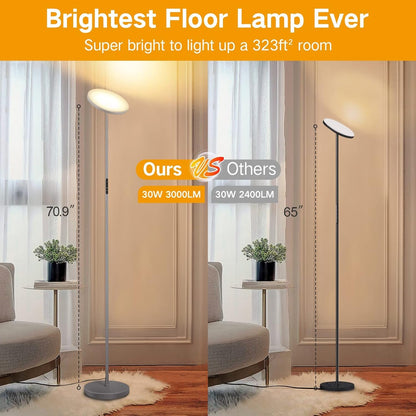 OUTON Floor Lamp Modern, LED Torchiere Lamp 30W 3000LM, Tall Standing Lamp with 4 Color Temperatures, Stepless Dimmable, Remote and Touch Control, 1 Hour Timer for Living Room Bedroom, Silver Grey