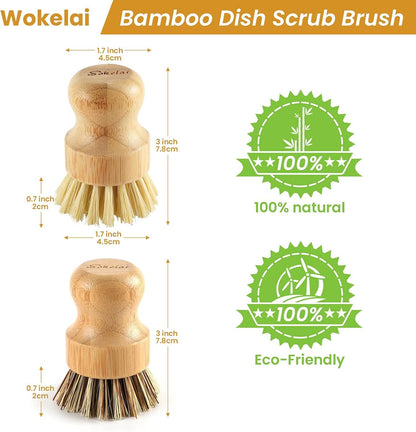 Bamboo Dish Scrub Brushes Set for Kitchen - Wooden Cleaning Scrubbers Brushes, Eco-Friendly Natural Dishes Washing Brush for Dishwashing Cast Iron Pots Pans Skillet Vegetables Sink, Set of 2