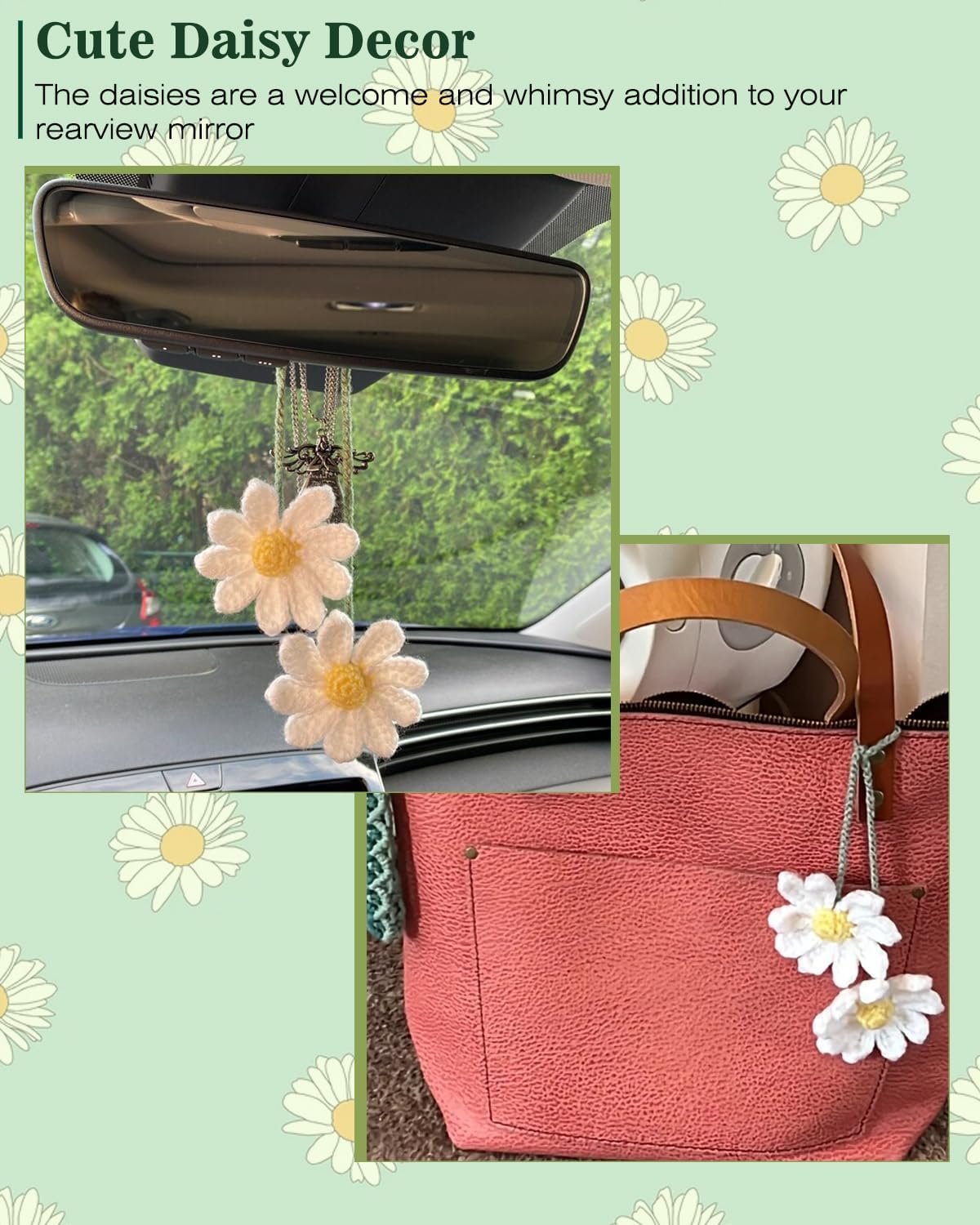 Crochet Daisy Car Accessories for Women Cute Rear View Mirror Hanging Charms Handmade Daisy Flower Gifts for Crochet Lovers Car Decor Automotive Interior Aesthetic(White)