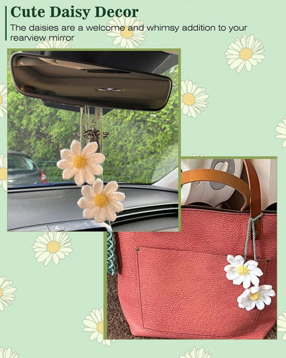 Crochet Daisy Car Accessories for Women Cute Rear View Mirror Hanging Charms Handmade Daisy Flower Gifts for Crochet Lovers Car Decor Automotive Interior Aesthetic(White)