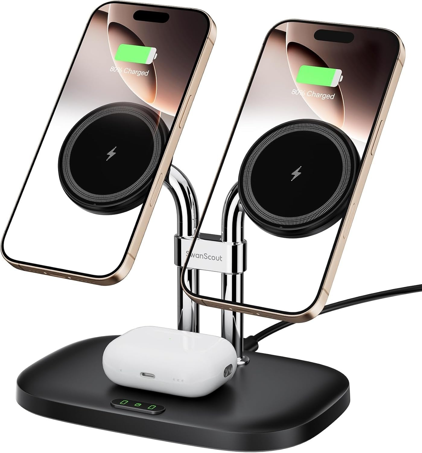 SwanScout 706M Wireless Charger for iPhone 16 15, Dual Magnetic Charger for iPhone 14/13/12 Series, Charging Station for AirPods Pro 2, AirPods 4/3rd (Black)