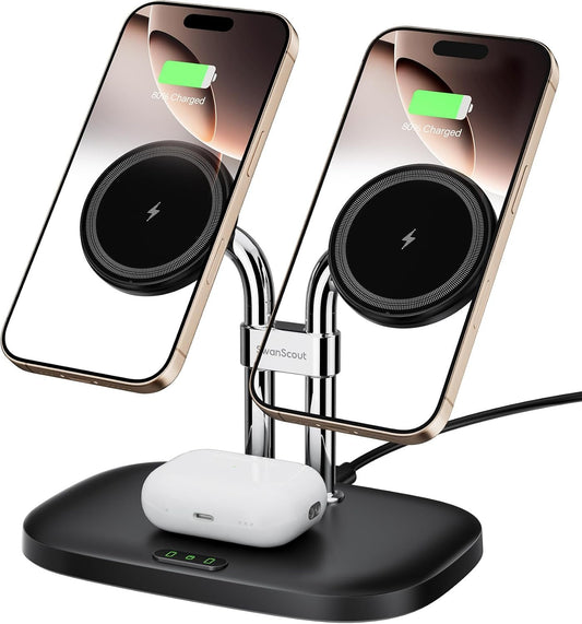 SwanScout 706M Wireless Charger for iPhone 16 15, Dual Magnetic Charger for iPhone 14/13/12 Series, Charging Station for AirPods Pro 2, AirPods 4/3rd (Black)