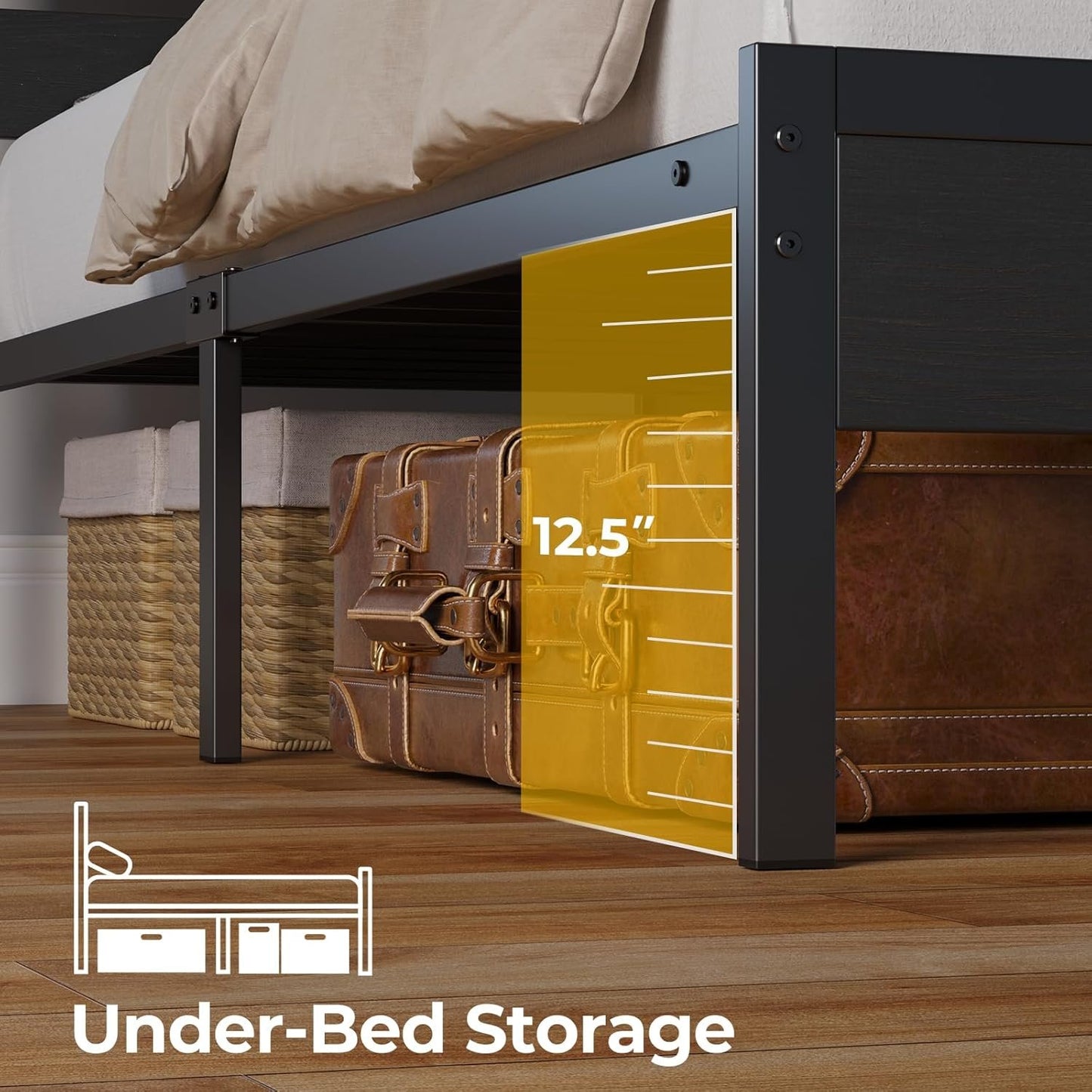 Rolanstar Bed Frame Twin Size with USB Charging Station, LED Bed Frame with Wood Storage Headboard, Black Single Metal Platform Bed with Under Bed Storage, No Box Spring Needed, Noise Free