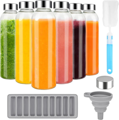 Zukro 18 oz Glass Juice Bottles with Lids for Juicing, Reusable Clear Glass Water Bottles with Stainless Steel Airtight Cap for Refrigerator, 100% Leak Proof, Dishwasher Safe, BPA Free, Pack of 6