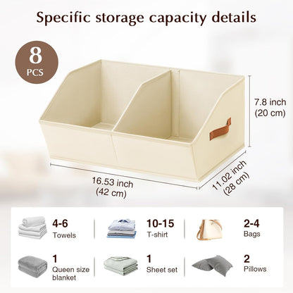 Closet Organizers and Storage Bins - 8 Pack Collapsible Divided Trapezoidal Cube Storage Bins Baskets with Orange Handle for Organizing Clothes Blankets, Toys, Books, Towels(Beige)