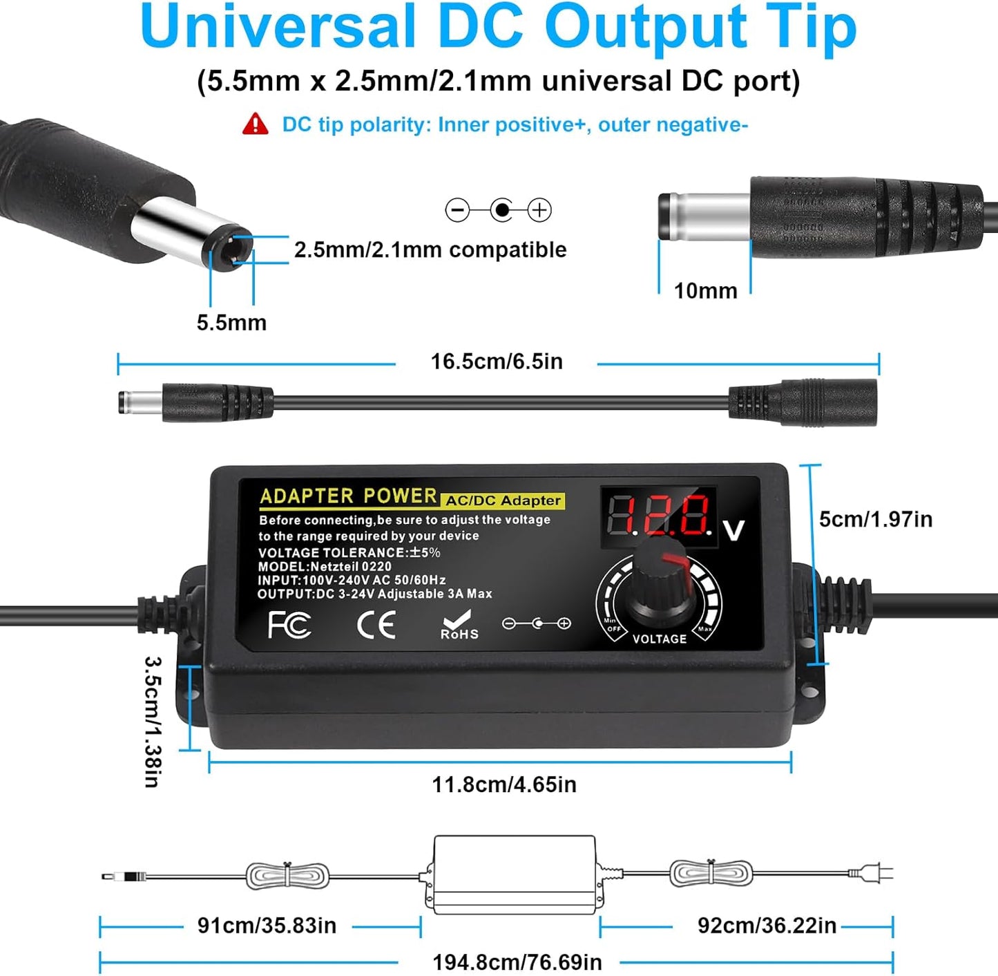Carastek Adjustable Power Adapter 3V-24V 3A 72W with Digital Display Universal AC/DC 100V-240V AC to DC Adapter with 14 Tips and Polarity Converter for Home Electronics