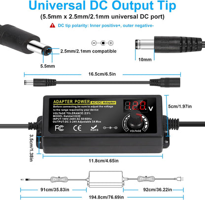 Carastek Adjustable Power Adapter 3V-24V 3A 72W with Digital Display Universal AC/DC 100V-240V AC to DC Adapter with 14 Tips and Polarity Converter for Home Electronics
