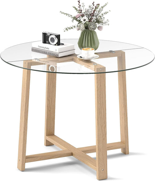 Tangkula 42" Round Glass Dining Table for 4-6, 0.3” Tempered Glass Tabletop with X-Shaped Rubber Wood Frame, Modern Kitchen Table for Home Kitchen Dining Room Breakfast Nook (Single Table)