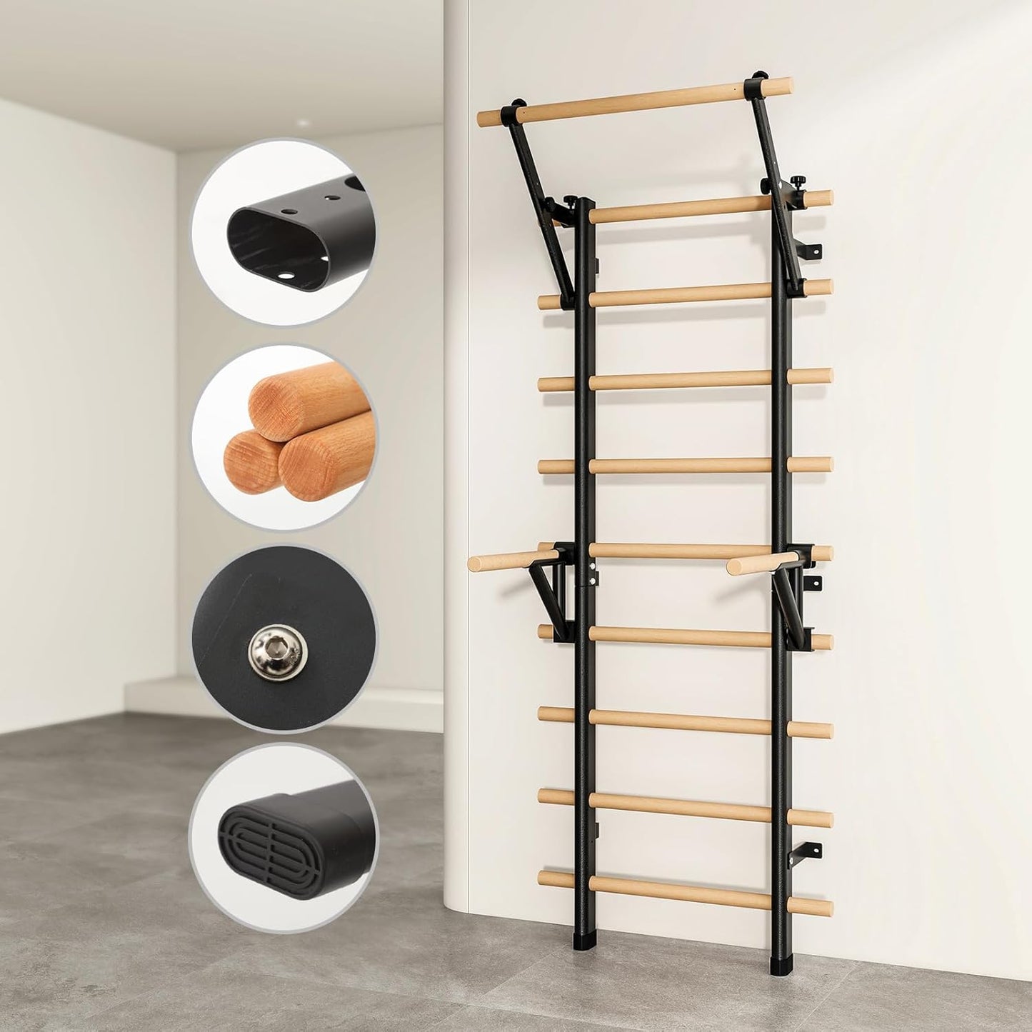 DHT Wood Stall Bar, Swedish Ladder Suspension Trainer with 9 Strategic Rods, for Home, Gym, School and Clinics