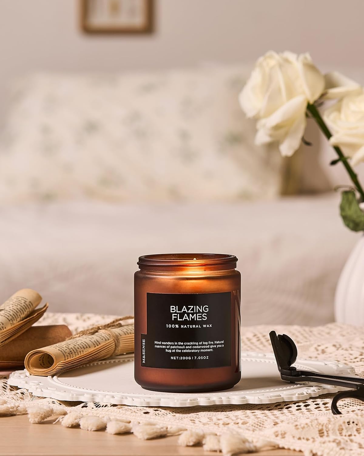 M&SENSE Blazing Flames Candle, 40 Hours Long Lasting Candle for Home Decor, 6.0oz Cade & Patchoulli Scented Candle, 2 Cotton Wick Natural Soy Wax for Celebration Holiday