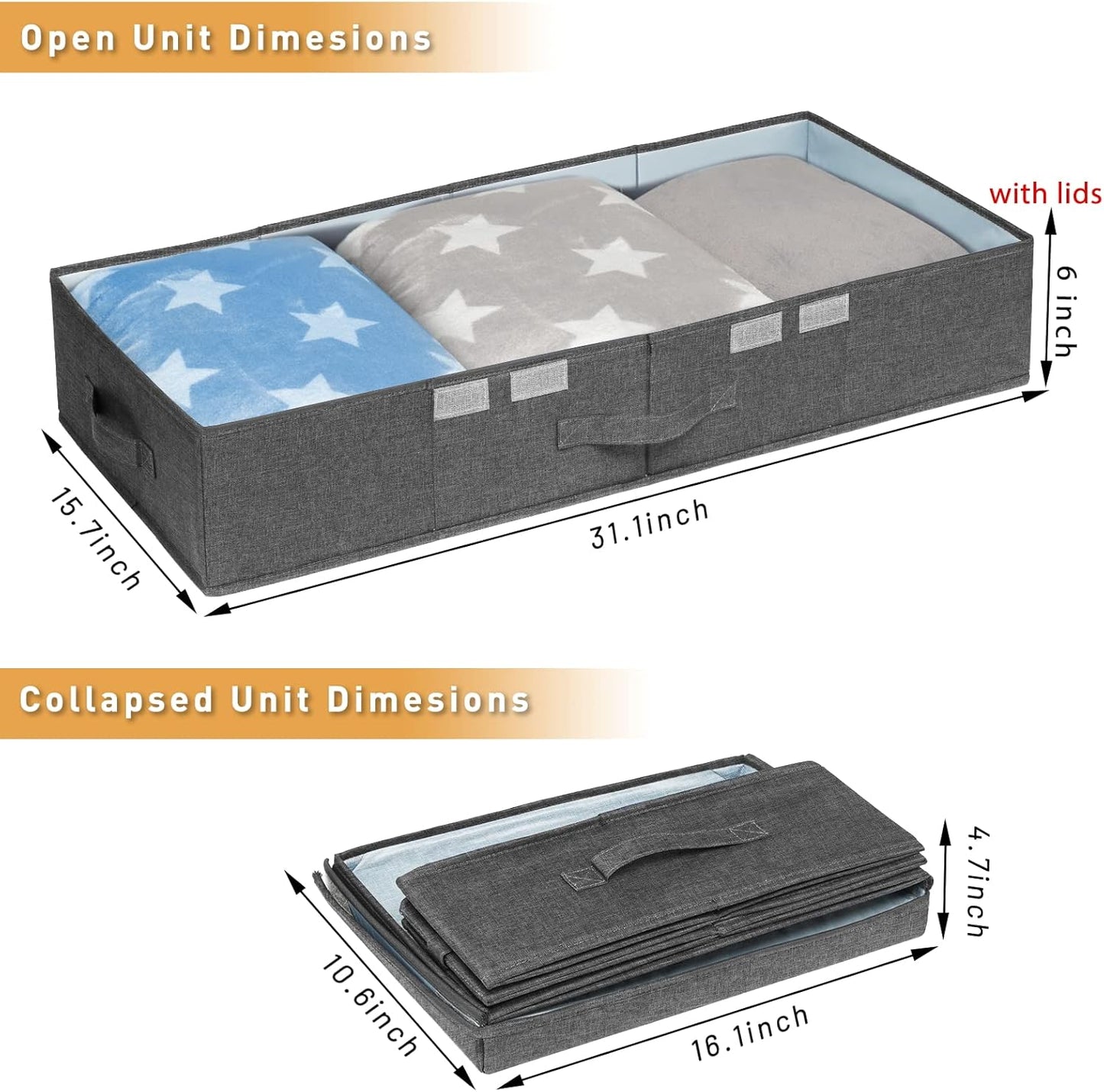punemi Under The Bed Storage Containers 6 Inch High, 2 Pack Flat Storage Bins With Lids, Large Clothes Storage Sturdy Structure, Apartment Storage Ideas, Home Organization Must Haves, Dark Grey
