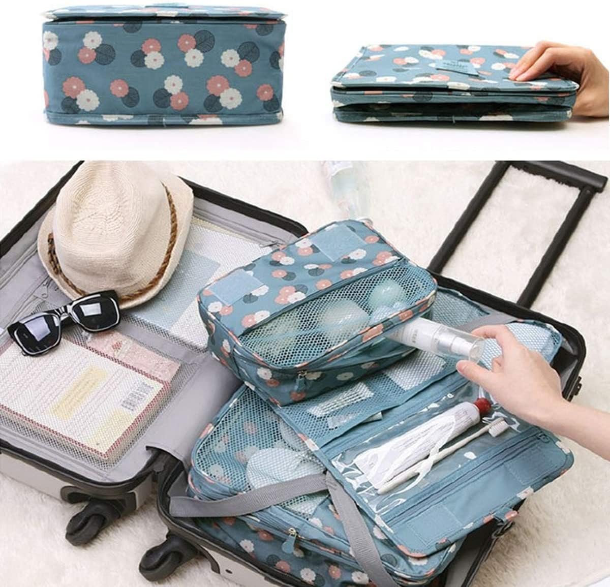 Hanging Travel Toiletry Bag, Foldable Cosmetic Organizer, Waterproof Wash Bag With Hook for Skincare, Makeup, Hygiene - Travel Organizer