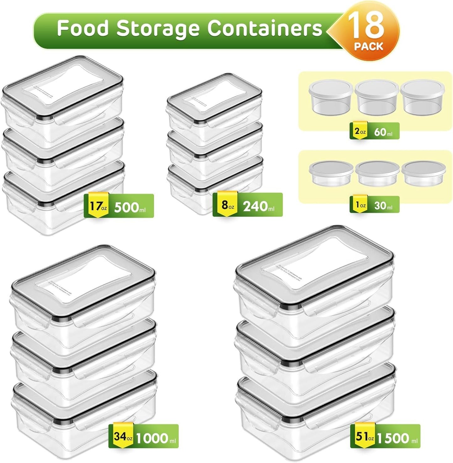 36 PCS Large Food Storage Containers with Lids Airtight(18 Containers with 18 Lids) - BPA Free Plastic Meal Prep Containers Set, Leakproof Kitchen and Pantry Organization - with Labels & Pen(18 pcs)
