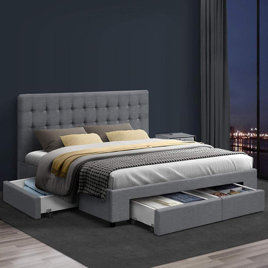 Artiss Queen Bed Frame Platform Tufted Headboard Frames Beds Base with 4 Storage Drawers Bedroom Room Decor Home Furniture, Upholstered with Grey Faux Linen Fabric + Foam + Wood