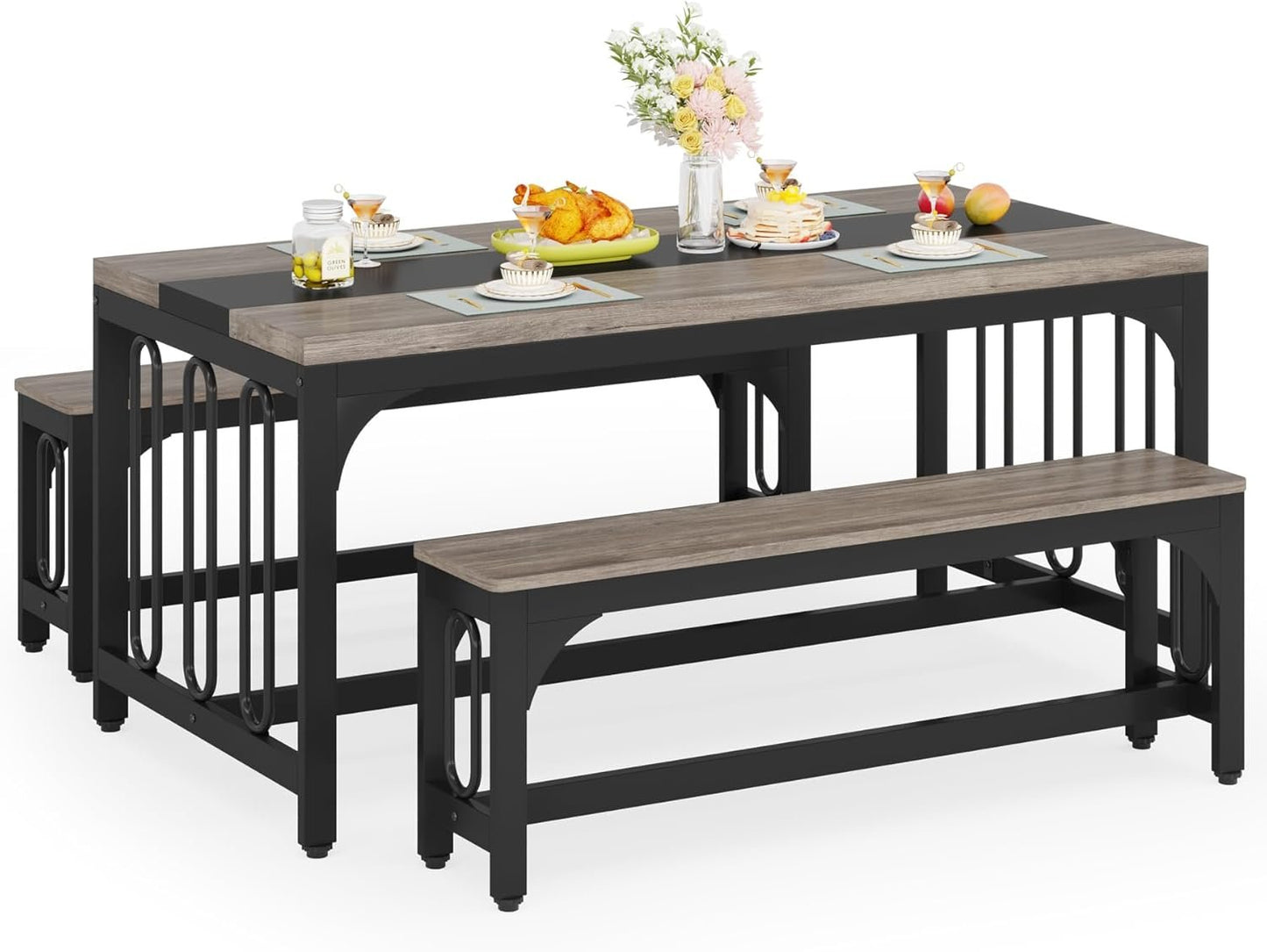 Tribesigns Dining Table with 2 Benches for Living Room, Kitchen, Grey