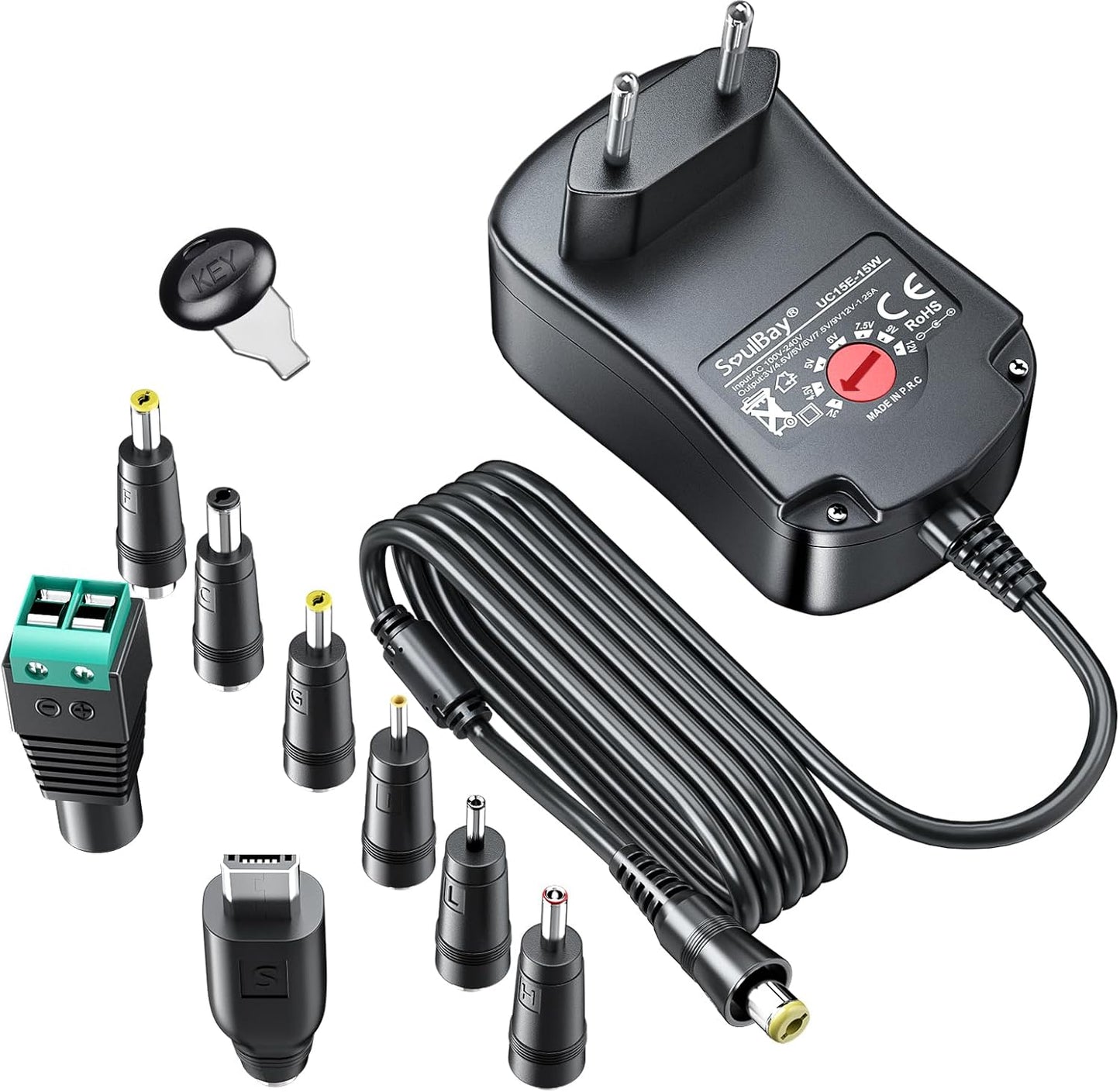 SoulBay 3V 4.5V 5V 6V 7.5V 9V 12V 1000mA Universal AC/DC Adapter with 8 Selectable Adapters for Home Electronics 3-12V - 150cm Charging Cable