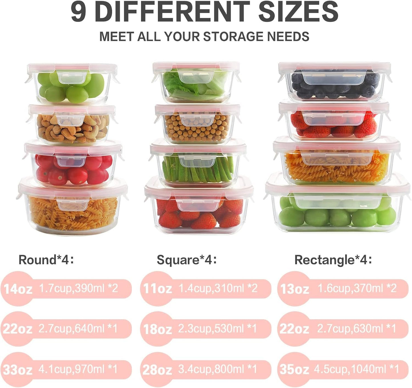 MUMUTOR Glass Food Storage Containers with Lids, [24 Piece] Glass Meal Prep Container, Airtight Bento Boxes, BPA Free & Leak Proof (12 lids & 12 Containers) - Pink