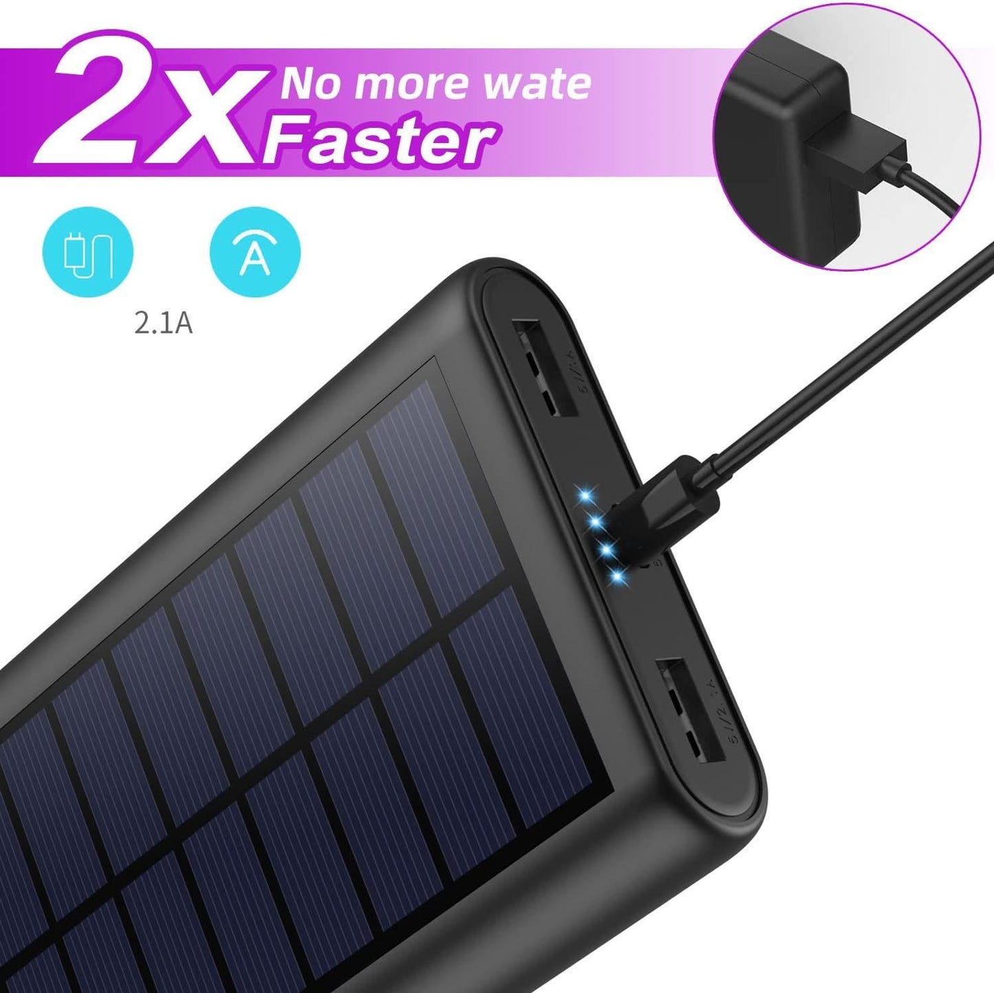 Solar Charger,26800mAh Solar Battery Power Bank Portable Panel Charger with LEDs and 2 USB Output Ports External Battery Pack for Camping Outdoor for Smartphone, Tablet, Android Cellphone Black