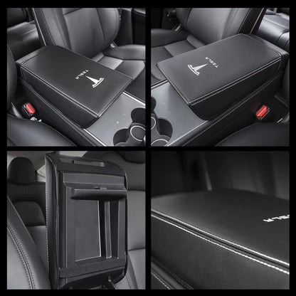 Car Armrest Cover for Tesla Model 3 Y Leather Center Console Armrest Box Cover Anti-Scratch Protector Pad Interior Accessories for Tesla Model 3 Model Y 2017-2026 (Black)