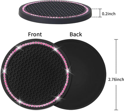4 Pack Car Coasters, Universal Vehicle Bling Car Coaster, Crystal Rhinestone Coaster for Cup Holders,Interior Accessories 2.75'' Silicone Anti Slip Car Coasters for Women (Pink Crystal Circle)