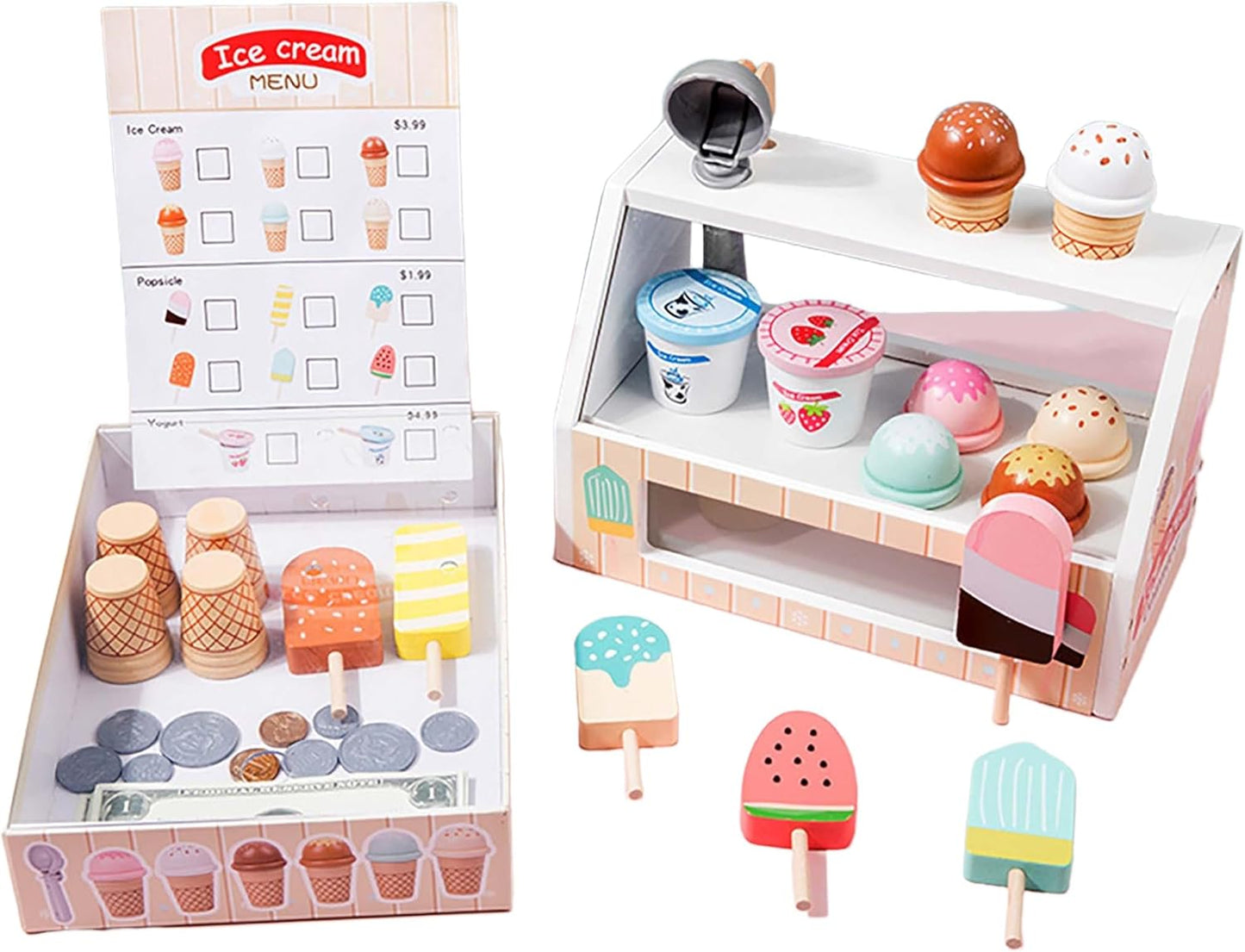 BEACENOV Wooden Pretend Play Ice Cream Counter for Kids, Toddler Wooden Toys, 45 Pcs Play Food Set, Scoop and Serve Ice Cream Station Playset