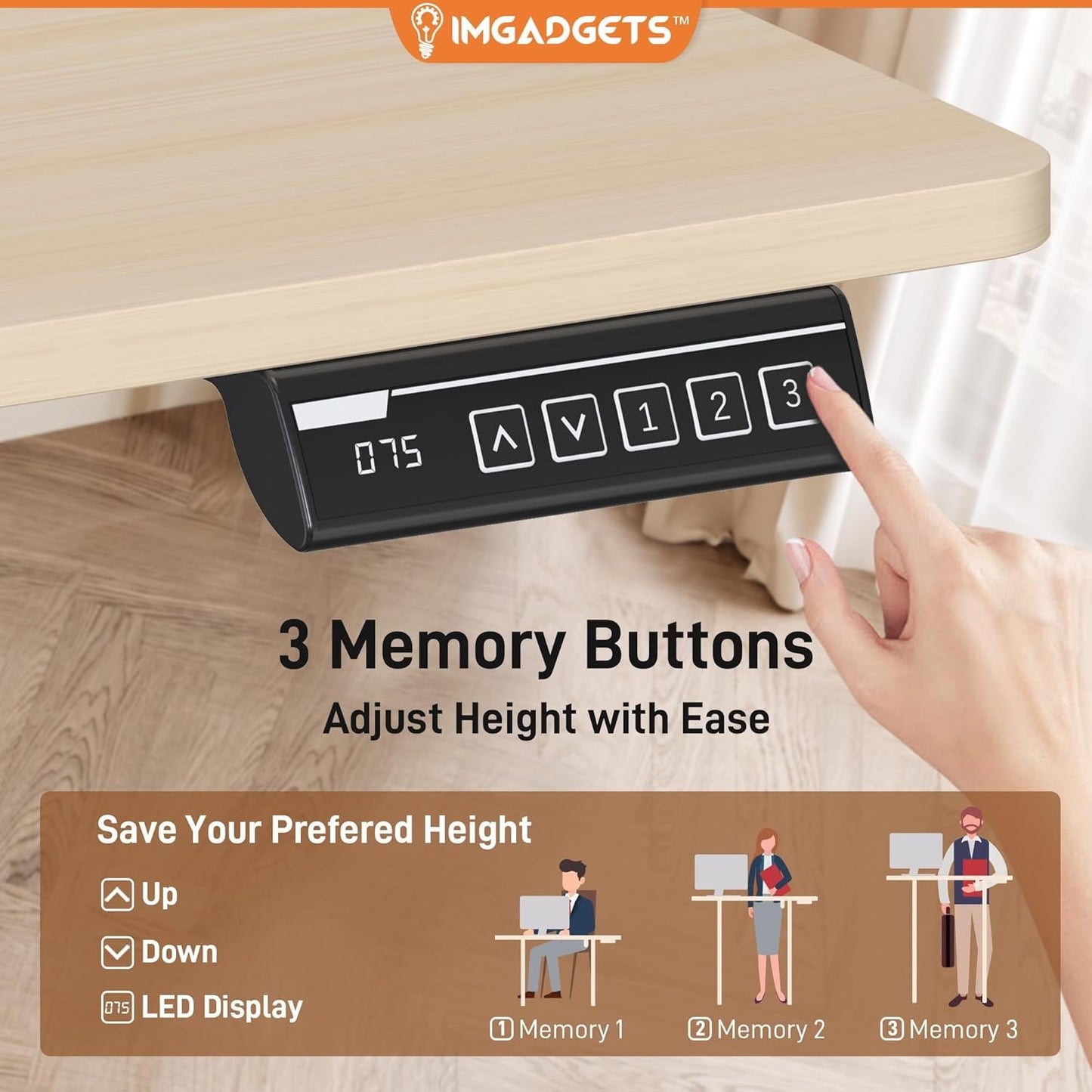 IMGadgets 47 x 24 Inches Height Adjustable Electric Standing Desk 2024, 5th Gen Quieter Motor Ergonomic Sit Stand Up Home Office Computer Desk with Height Memory Buttons, Display, 2 Headphone Holders