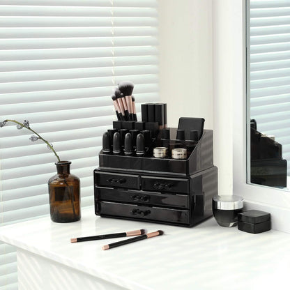 SONGMICS Makeup Organizer Makeup Organizer Stackable Acrylic Cosmetic Organizer with 4 Drawers for Eyeshadow Brushes Lipstick Nail Polish Gift Black JKA007BK