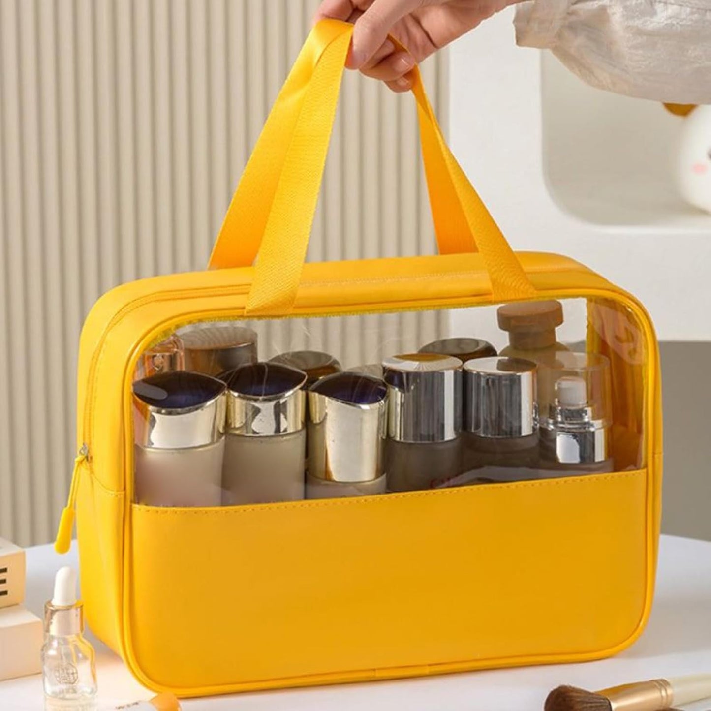 Travel Cosmetic Bag, Large Capacity Toiletry Organizer, Waterproof Bathroom Storage Pouch Men Women, Lightweight Makeup and Accessories Holder for Travel, 30 x 21.5 x 10 cm, yellow, Please refer to