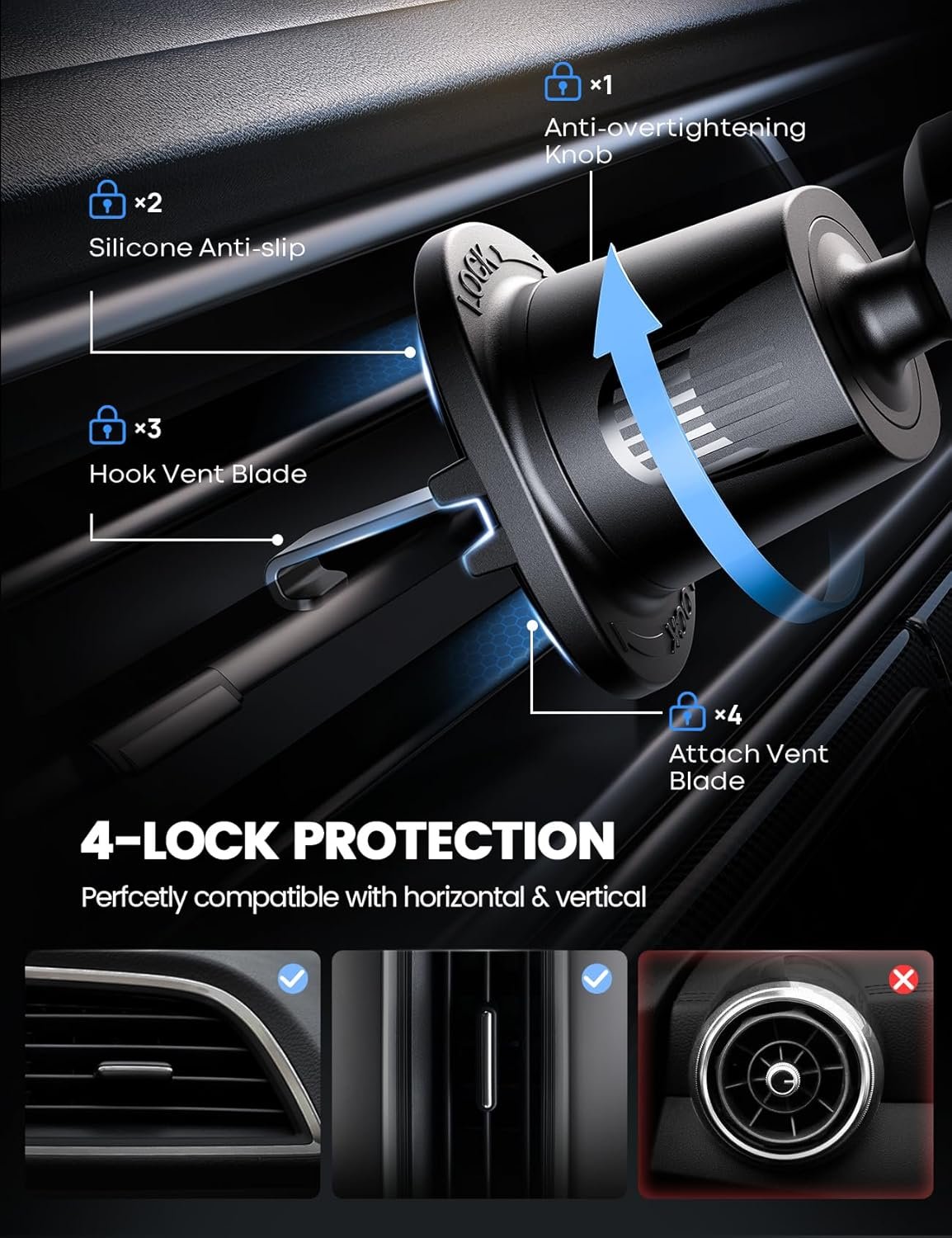Lamicall Car Vent Phone Mount - 2024 Wider Clamp & Metal Hook Air Vent Phone Holder Cradle, [Thick Cases Friendly] Cellphone Vent Clip, 360 Adjustable Stand for iPhone 15 14 13 Pro Max (Lucite Black)