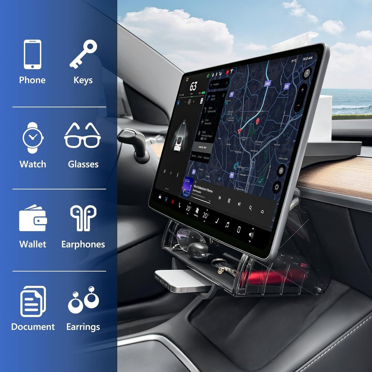 Car Center Console Organizer for Tesla Model 3 Model Y, Magnetic Tray Under Screen Storage Box Dashboard Holder for Tesla Interior Accessories