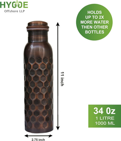 HYGGE 34oz (1L) Pure Copper Water Bottle – Leak-Proof Ayurvedic Copper Bottle for Drinking – Antique Hammered Design – Ideal for Yoga, Gym, Fitness & Outdoor – Natural Wellness Benefits
